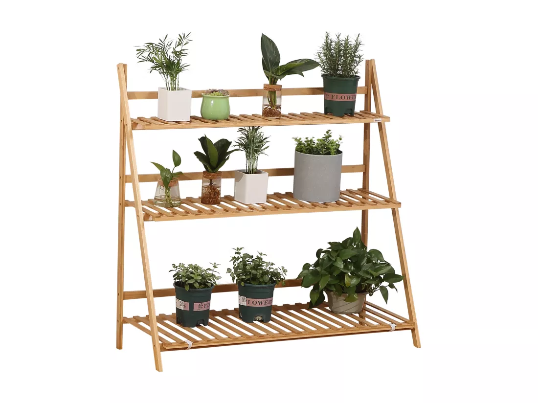 Étagère échelle à fleurs en bois de bambou - porte plantes pliable bois 3 étagères à lattes