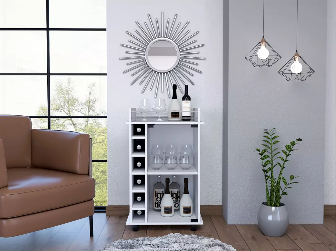 Chariot de bar Dukat en mélamine avec 6 porte-bouteilles, 3 étagères et 4 roulettes, blanc , 89 cm X 55 cm X 41.5 cm