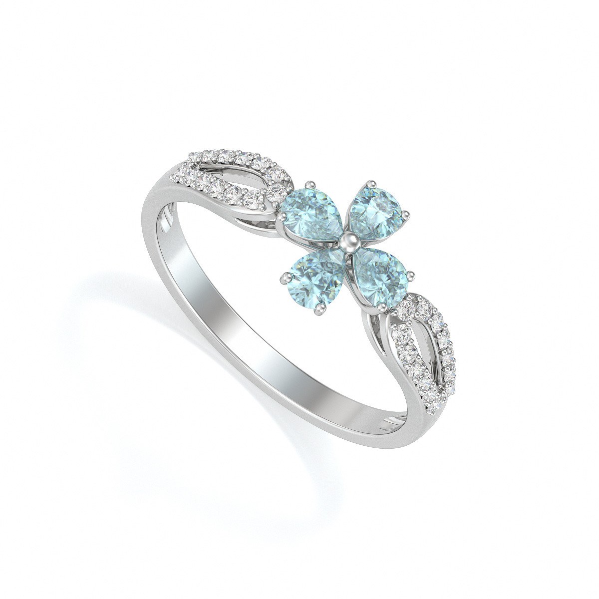 Bague ADEN Or 585 Blanc Fleur Aigue-Marine et diamants 1.95grs