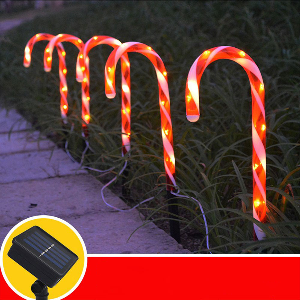 (5er Set) 47cm Weihnachts LED Solar Lampe Outdoor Zuckerstangen Gartenleuchte Laterne - Rot / Weiss