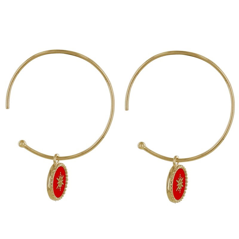 Boucles d'Oreilles Plaqué Or Demi Créoles Soleil Émail Corail