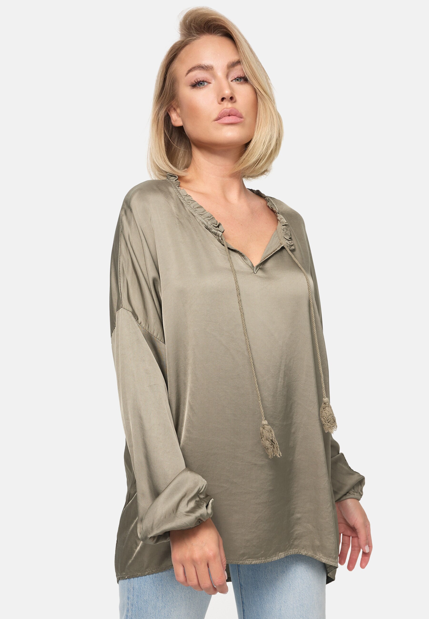 PM SELECTED Damen Schlupfbluse Romantische Business Satin Bluse mit Rüschenkragen in Einheitsgröße PM06