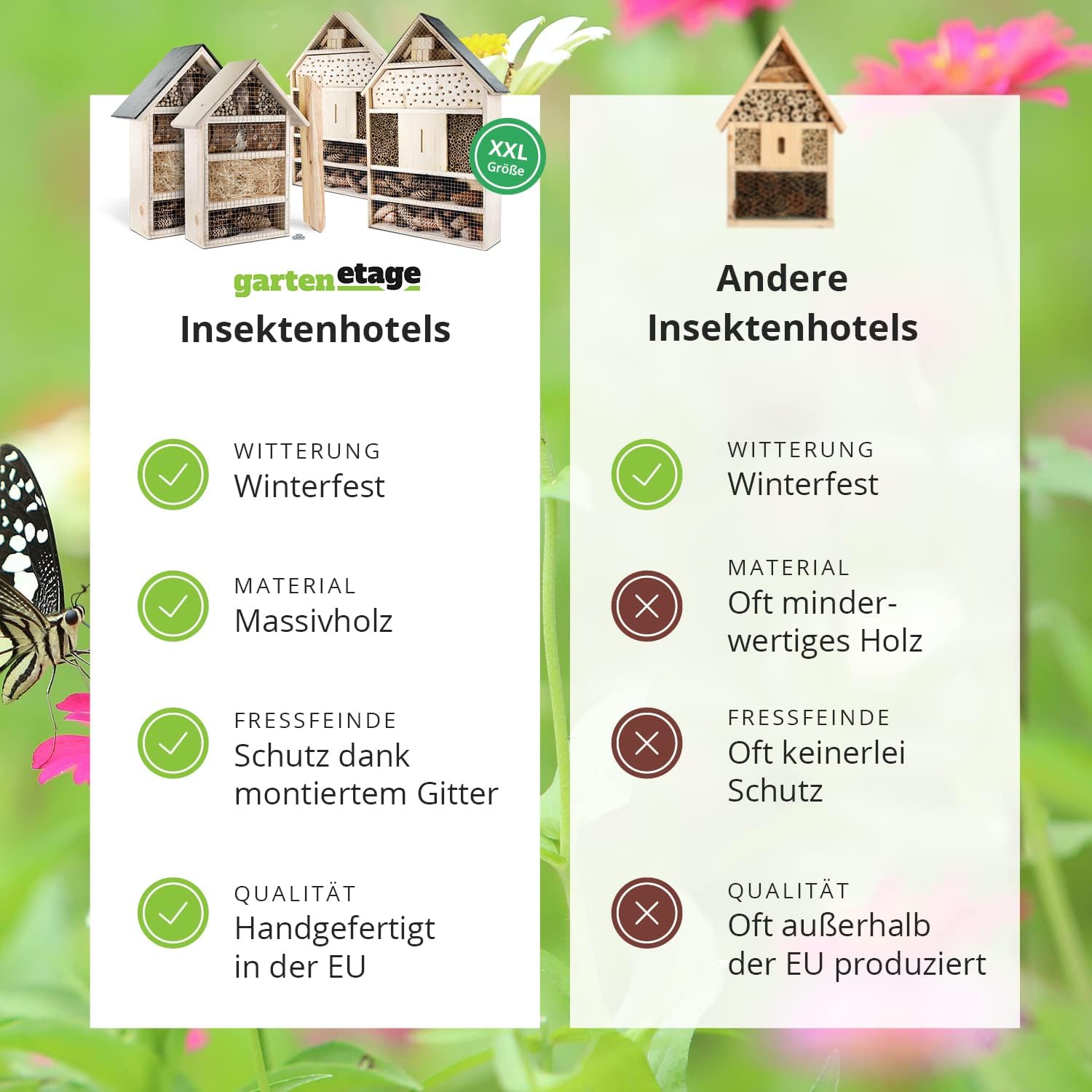 GARTENETAGE Insektenhotel XXL mit Schieferdach/Naturbelassenes, massives Insektenhaus & Bienenhotel/Insektenhotel zum Aufstellen mit Pfählen, witterungsbeständig/Marienkäferhaus, Schmetterlingshaus