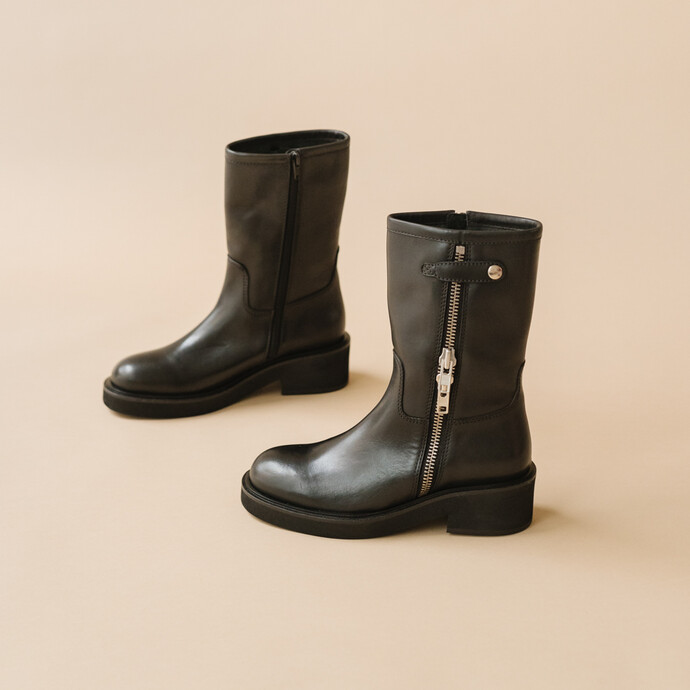 Boots à talons et doubles fermetures éclair  en cuir noir