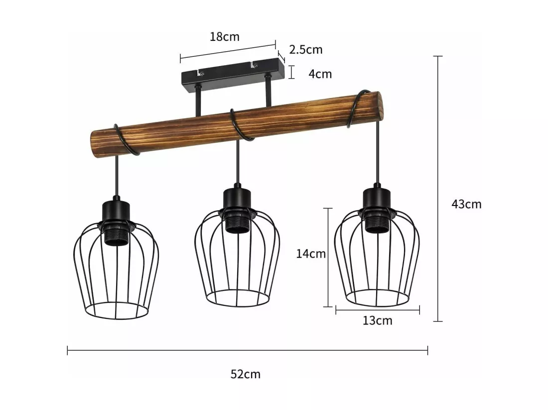 NETTLIFE Plafonnier 3 spots métal et bois noir E27 lampe de salon vintage en bois flammé au design industriel avec hauteur réglable sans ampoule
