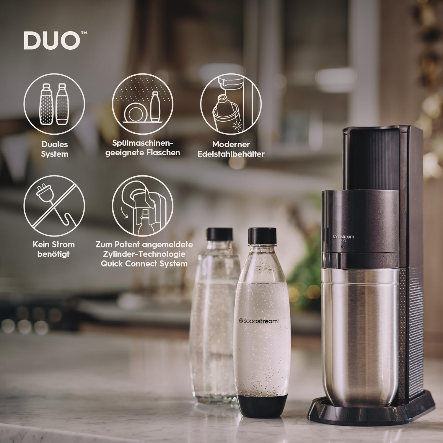 SodaStream Wassersprudler DUO Umsteiger| inkl.1x 1L Glasflasche und 1x 1L FUSE Kunststoffflasche (spülmaschinengeeignet) | Farbe: Titan