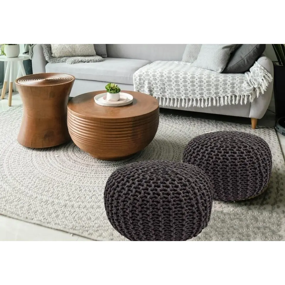 Poef - SET 2 stuks - Ø 55 cm x H 37 cm - Antraciet - Grof gebreide look
