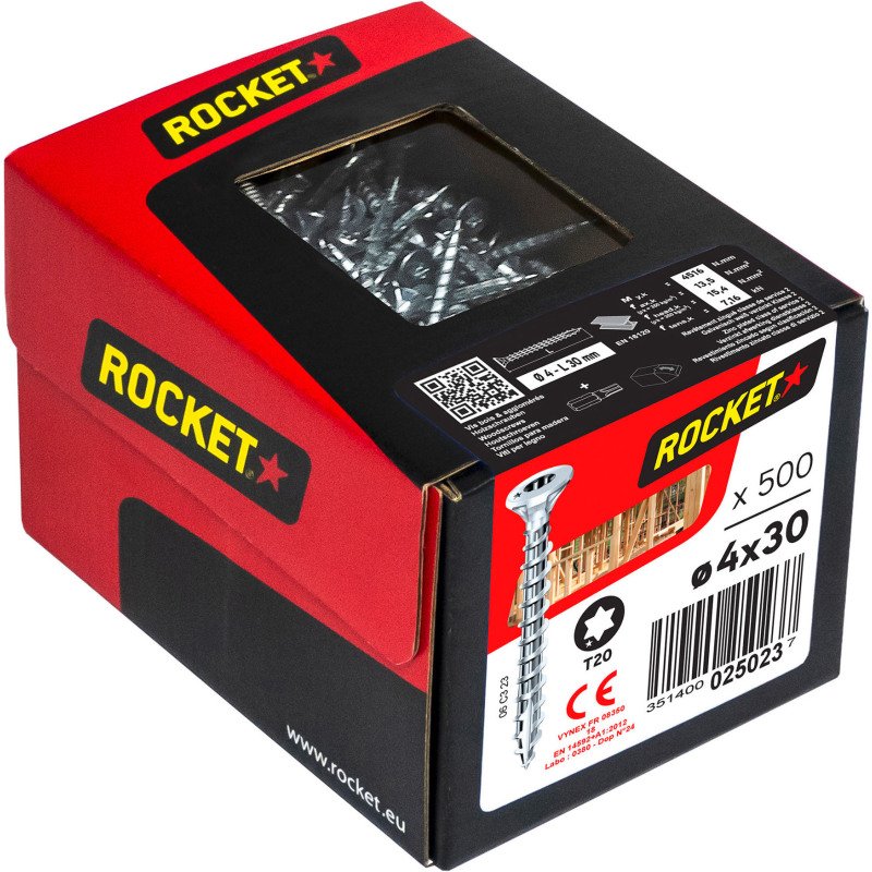 Vis à bois Rocket tête fraisée Torx (étoile) acier zingué, filetage total - Boîte de 500