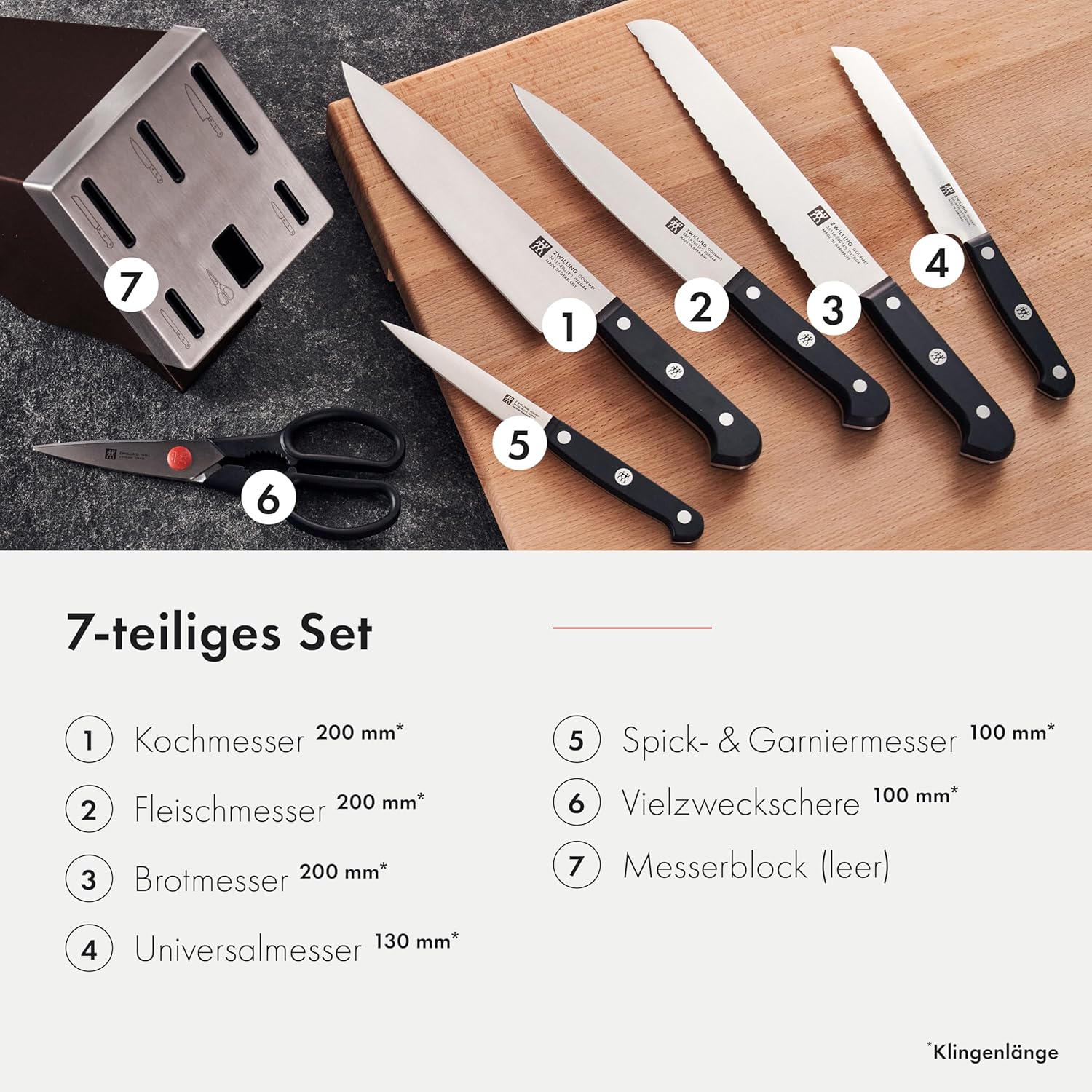 ZWILLING Gourmet Selbstschärfender Messerblock 7-teilig, Rostfreier Spezialstahl, Braun, Made in Germany