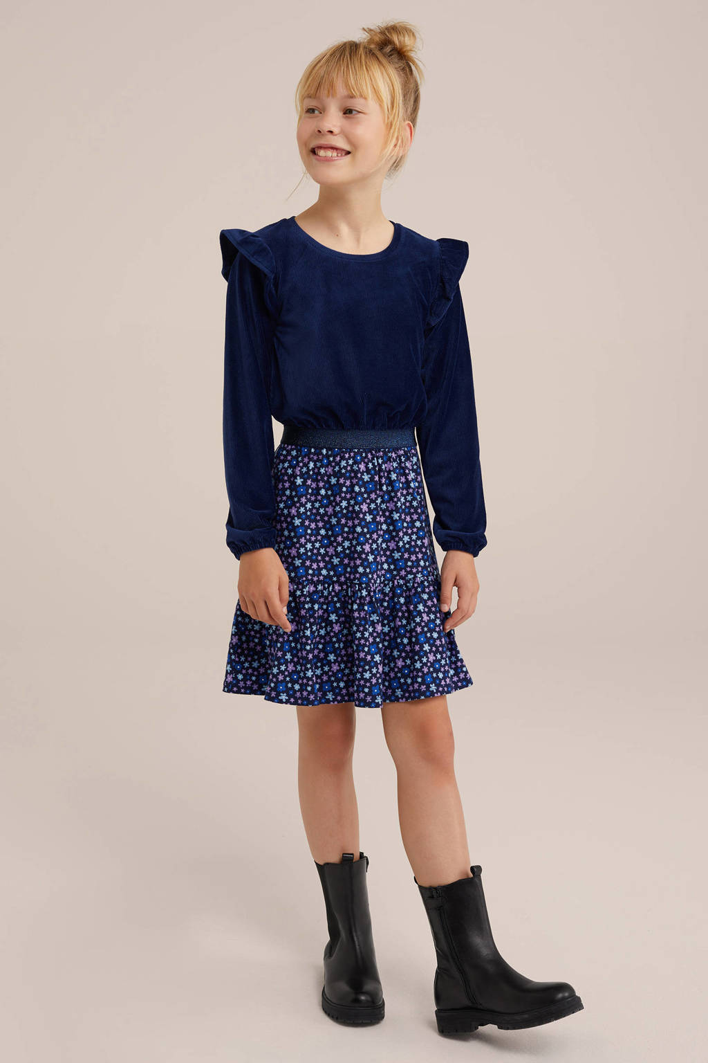 WE Fashion gebloemde jurk donkerblauw/lila/lichtblauw