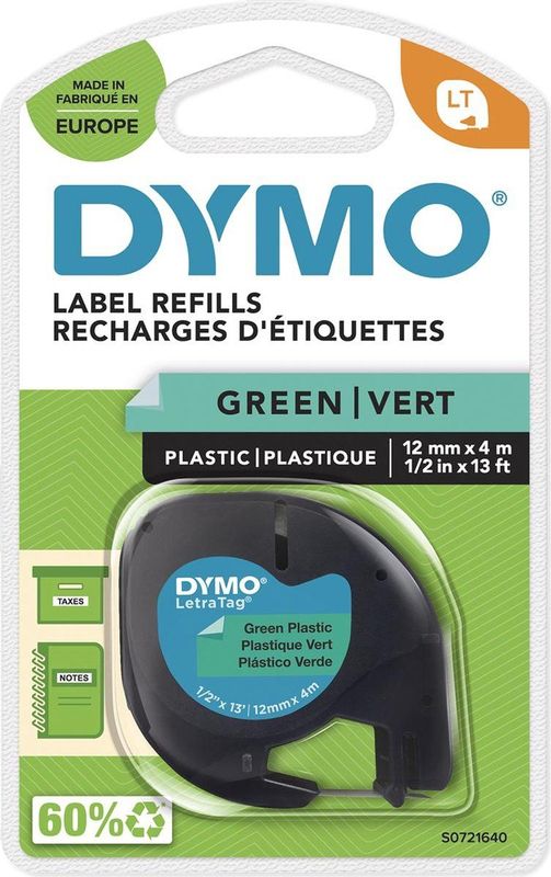 Dymo - LetraTag - Labeltape - 12mm - Zwart op Groen - Plastic - 4m