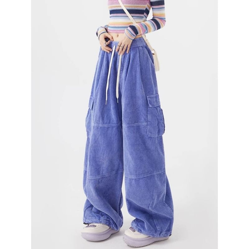Vhancy - Corduroy cargobroek met lage taille en wijde pijpen
