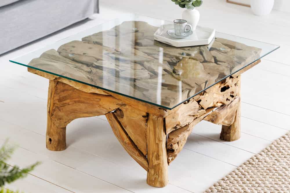 Maritimer Couchtisch RIVERSIDE 80cm natur Teakholz massiv Glasplatte Handarbeit