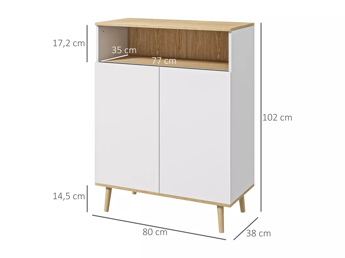Buffet rangement design scandinave 2 portes étagère niche piètement bois pin panneaux blanc aspect chêne clair