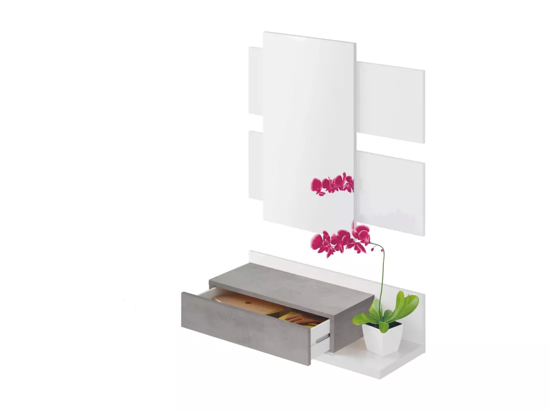 Meuble d'entrée Dcori, entrée suspendue avec miroir, meuble avec tiroir pour entrée, 75x29h90 cm, Blanc et Ciment