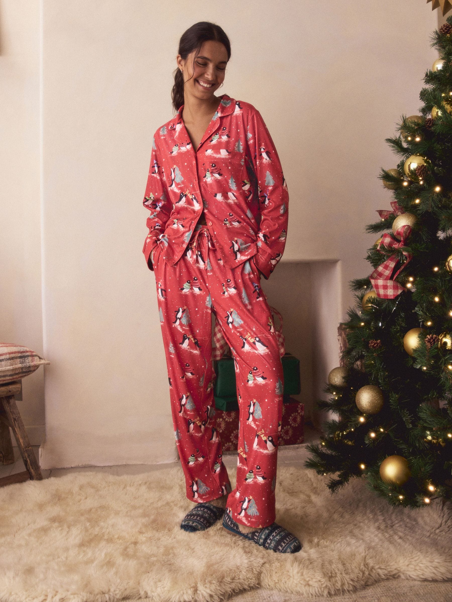 Rood pinguïn - Cosy Button Through Long Sleeve Pyjamas