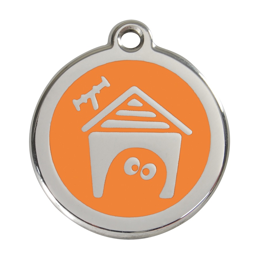 Placa de identificação para cães em aço inoxidável esmaltado, cor laranja, modelo Casinha para Cães.