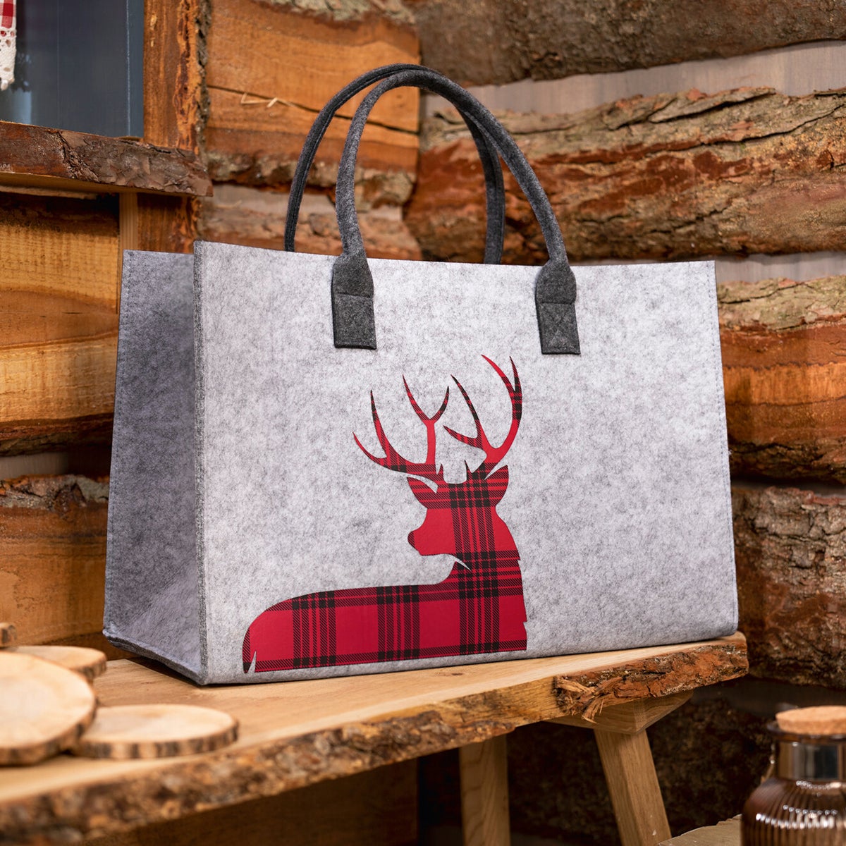 FRANK FLECHTWAREN | Vilttas met hertenruitpatroon, POLYESTER, 45 x 20 x 30 cm