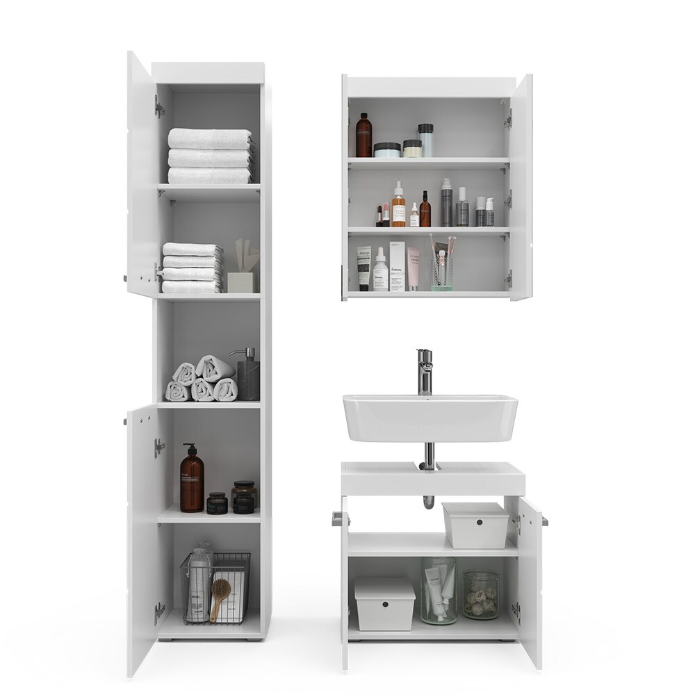 Vicco Badmöbelset Luna Weiß Skandi Badezimmerschrank Badschrank Waschtischunterschrank Spiegelschrank Hochschrank Schranktür Schrankfach Ablage Aufbewahrung