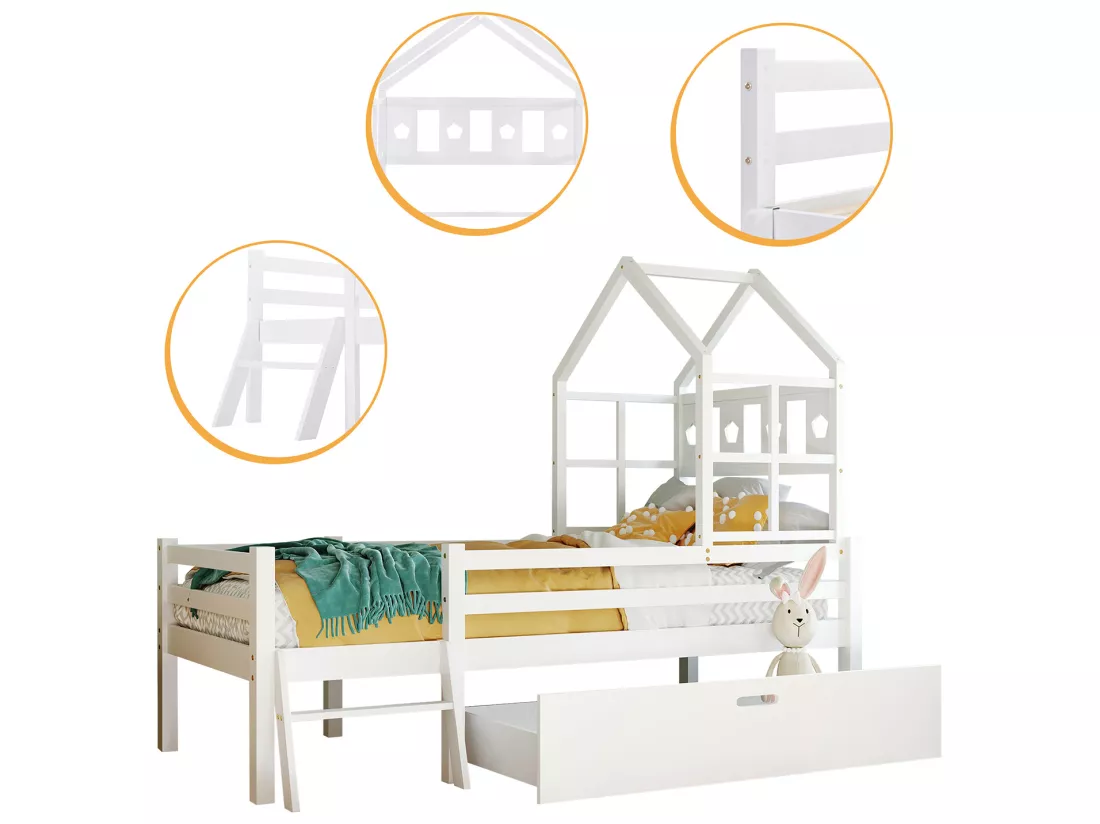lit gigogne avec tiroirs - 90 x 200 cm - sommier à lattes - Blanc - Sweiko