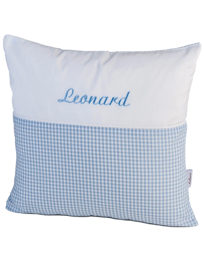 Personalisiertes Kissen NOSTALGIE hellblau (Farbe: dunkelblau)