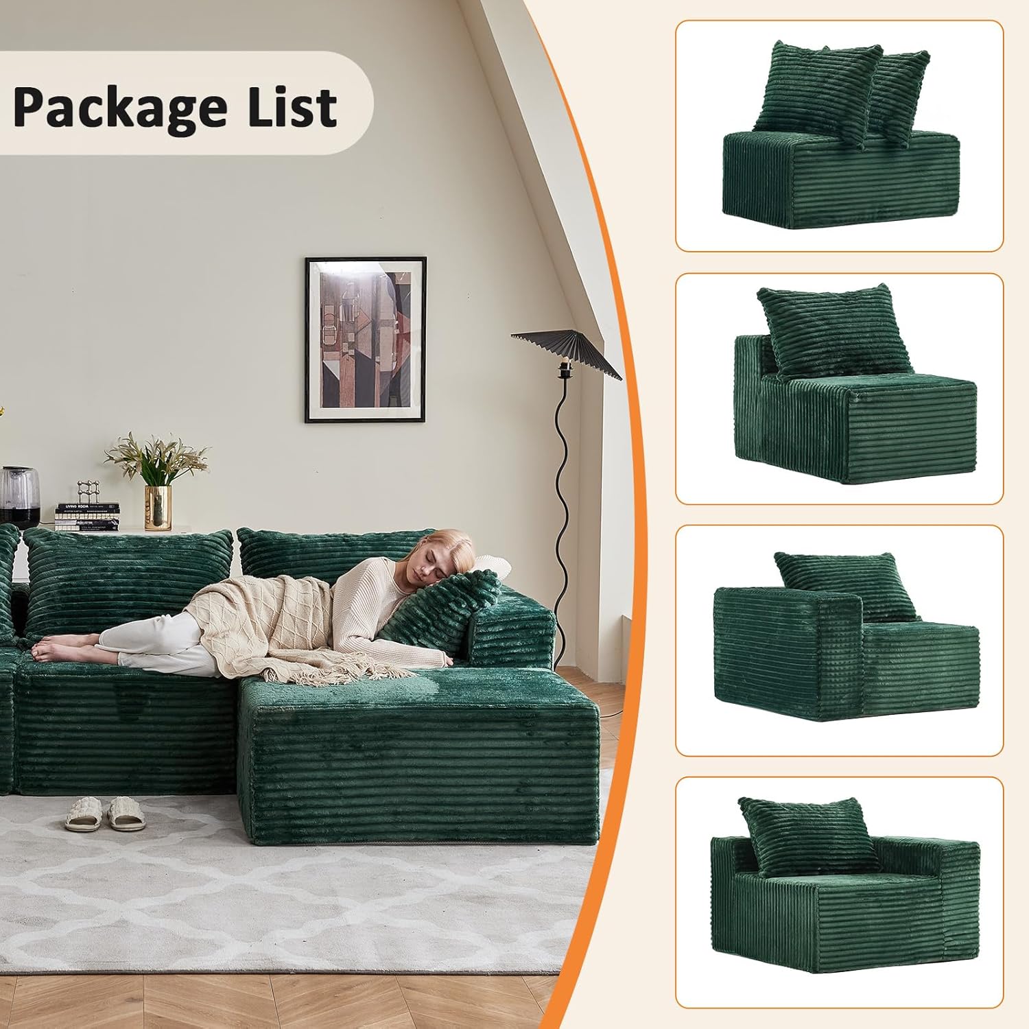 Vamcheer Ecksofa mit Schlaffunktion - Big Sofa Couch 3 Sitzer in L-Form, Modulares Boneless Schlafsofa als Wohnlandschaft, 274 x 102 cm, Grün