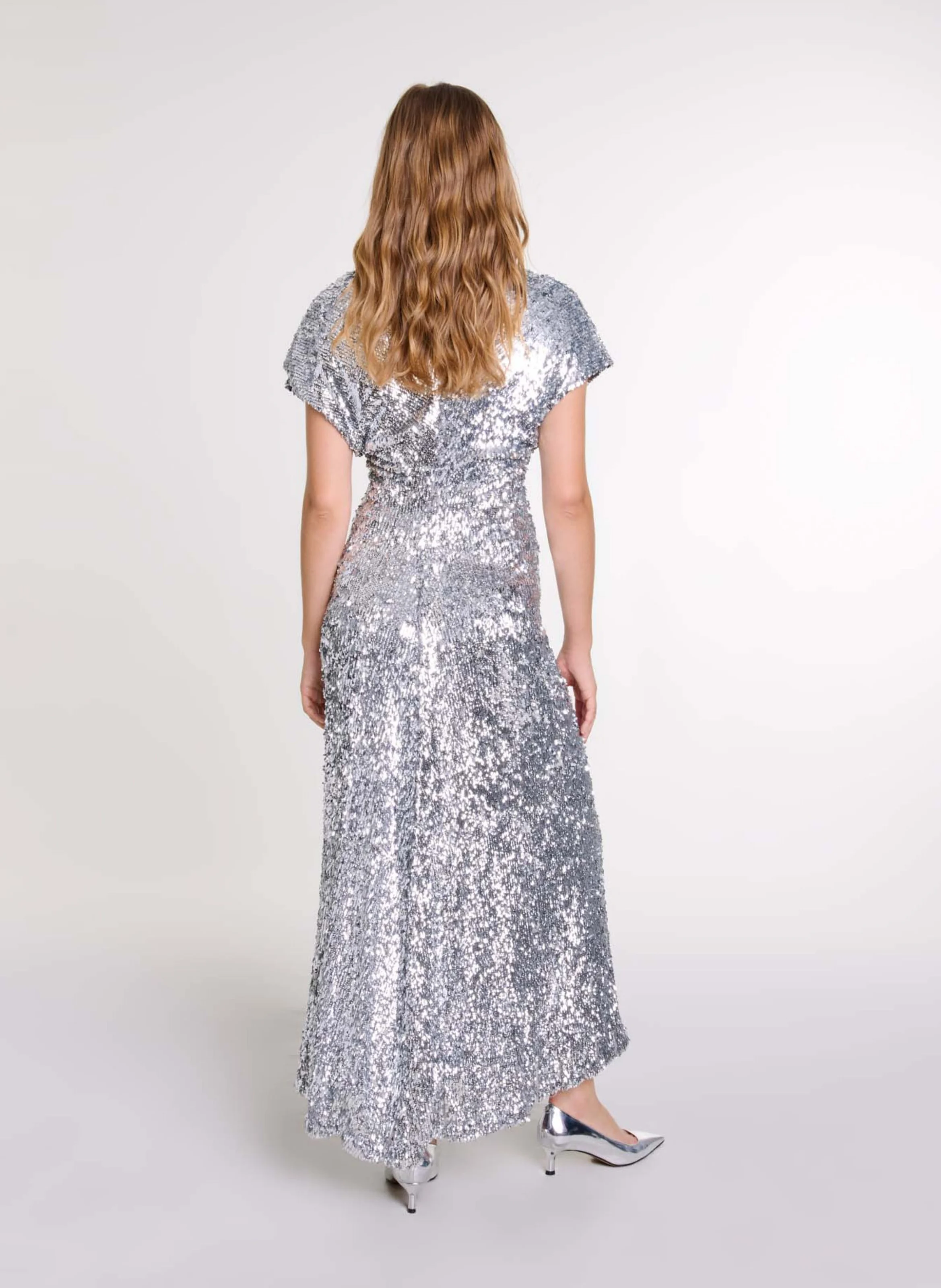 Robe longue col rond à sequins | Argent