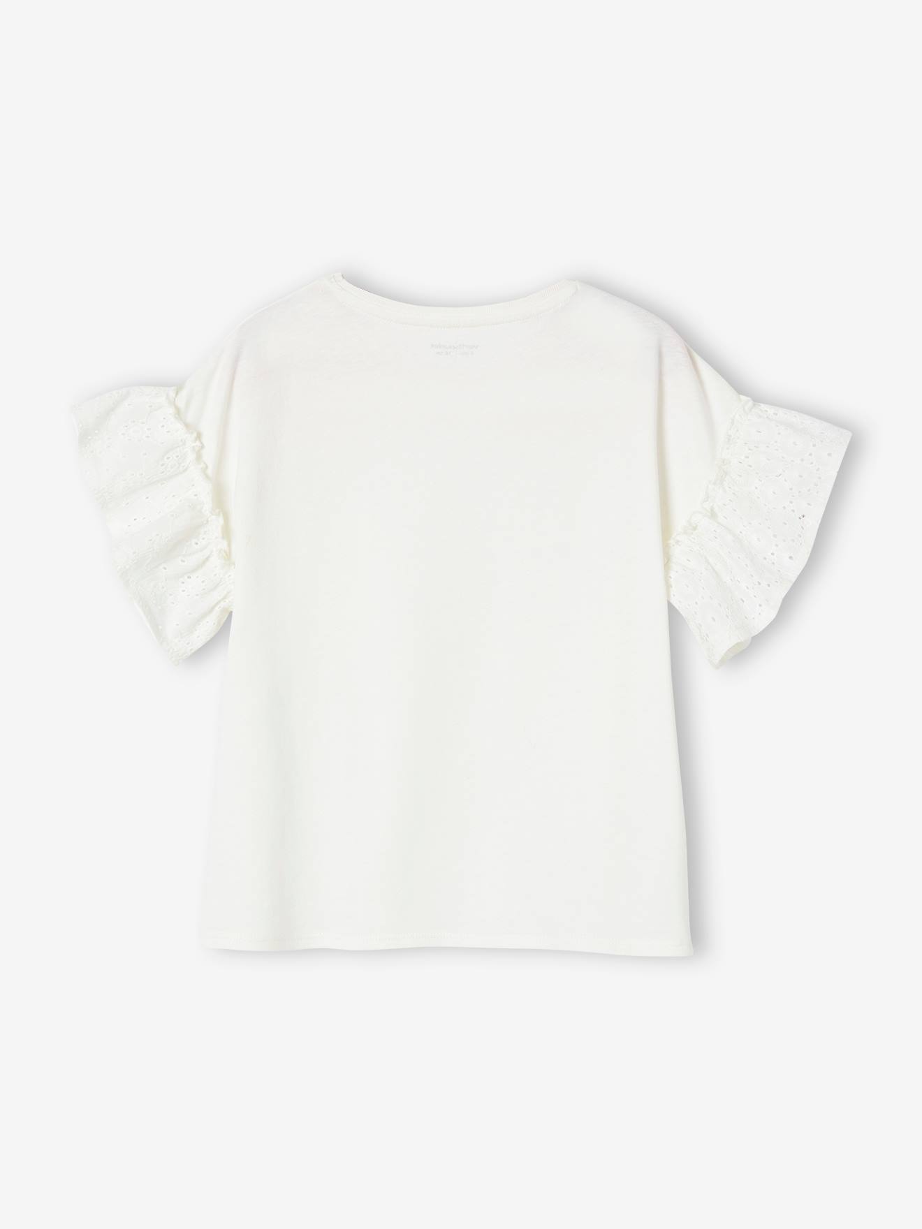 Camiseta cor pêssego com mangas franzidas e bordado inglês.