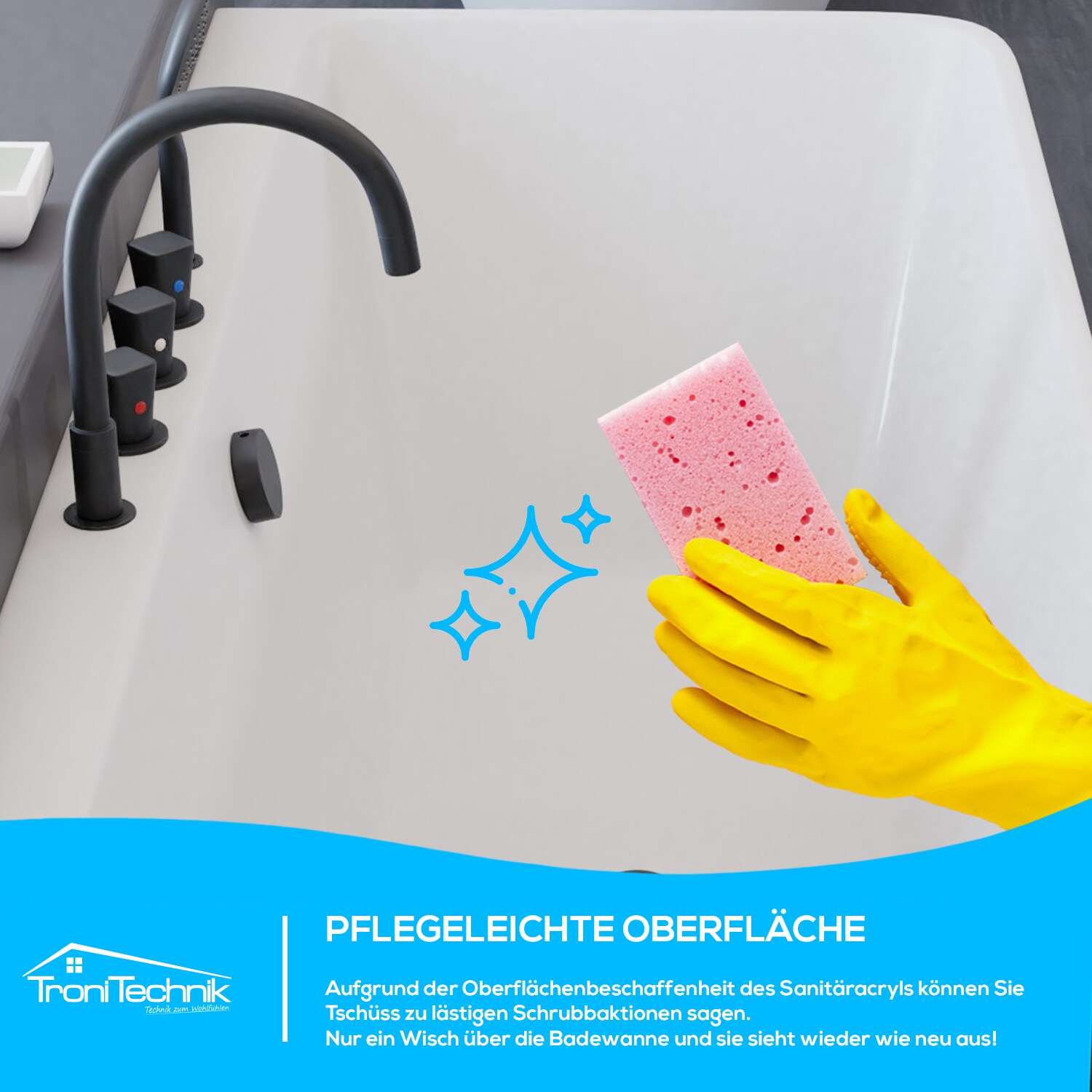TroniTechnik® Badewanne SARIA Maße ca. 170 x 80 x 58cm Wanne, inkl. schwarze Armatur - Füllmenge 195 Liter,Acryl, Siphon
