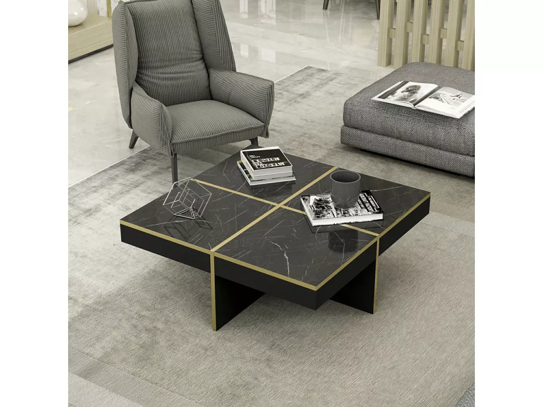 Table basse carrée Fjerritslev 35 x 90 x 90 cm marbre noir / laiton [en.casa]