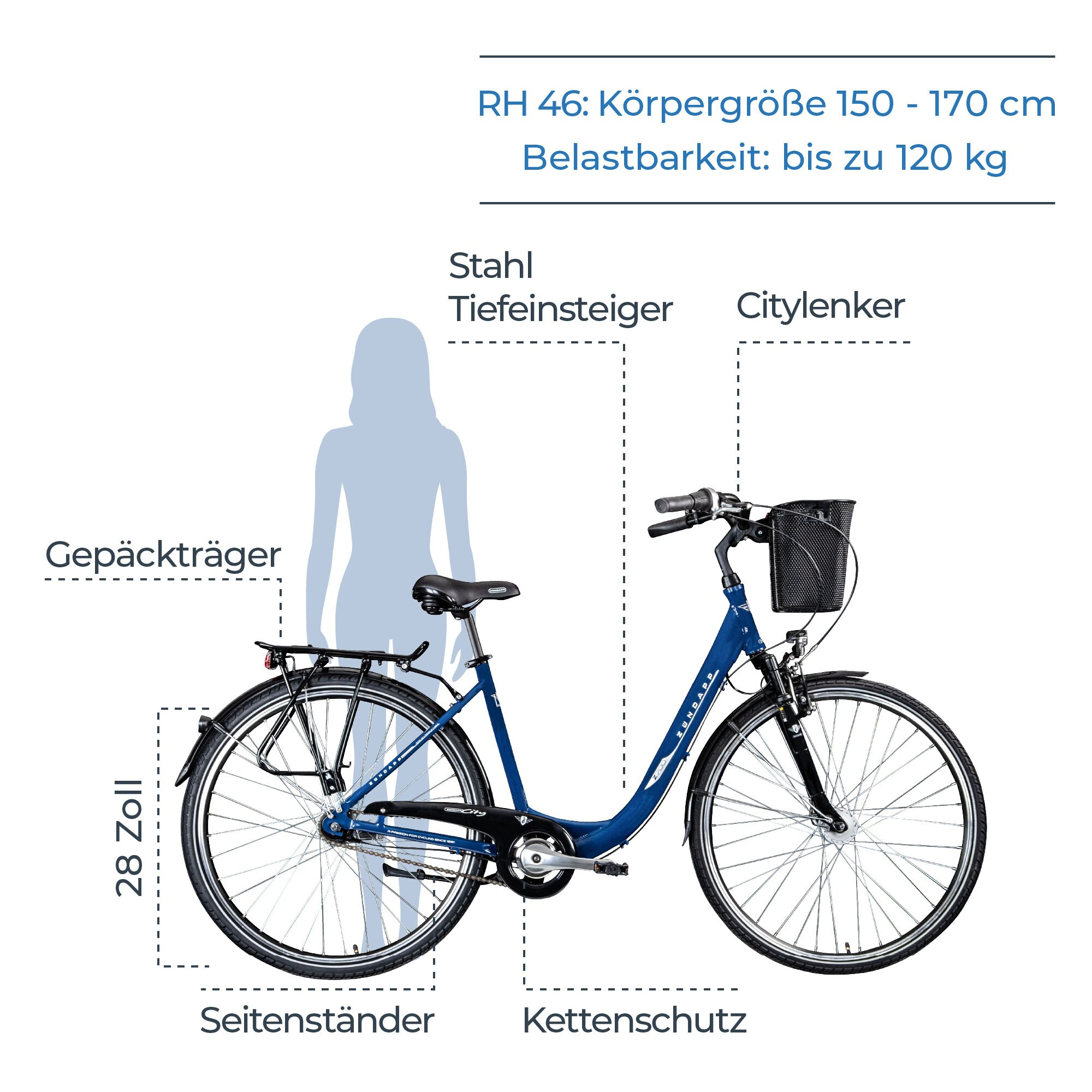 Zündapp Z700 Damenfahrrad 28 Zoll ab 150 cm Hollandrad mit Korb und Beleuchtung