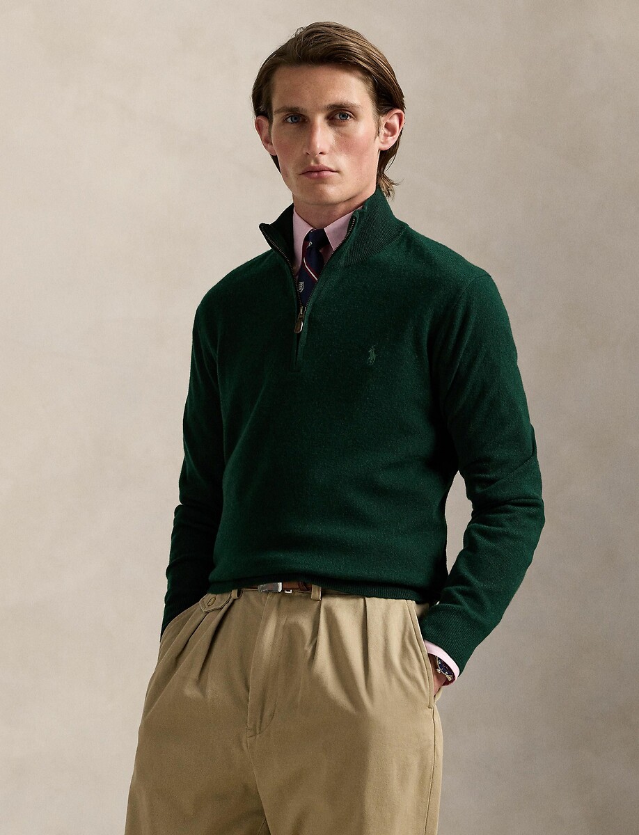 POLO RALPH LAUREN<br>Suéter de lã, meio zíper, bordado Pony Player