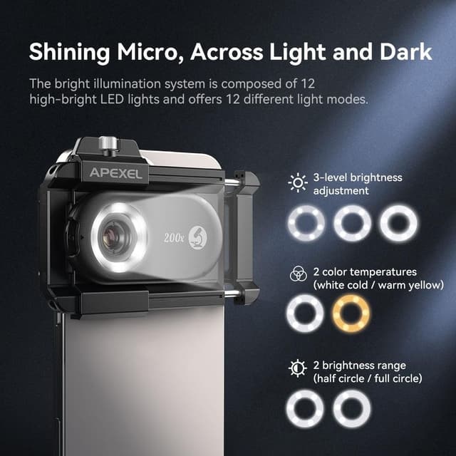 APEXEL Telefon Mikro Linse Nano Zoom til Android/iPhone med LED UV Lys/CPL/Universal Klemme APL-MS200