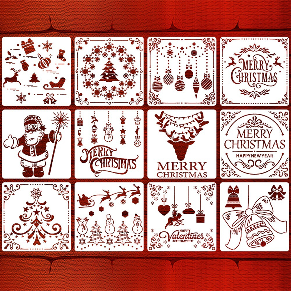 (12er Set) 13x13cm Zeichen Schablonen Wiederverwendbare DIY Mal Vorlagen - Weihnachten / Valentinstag