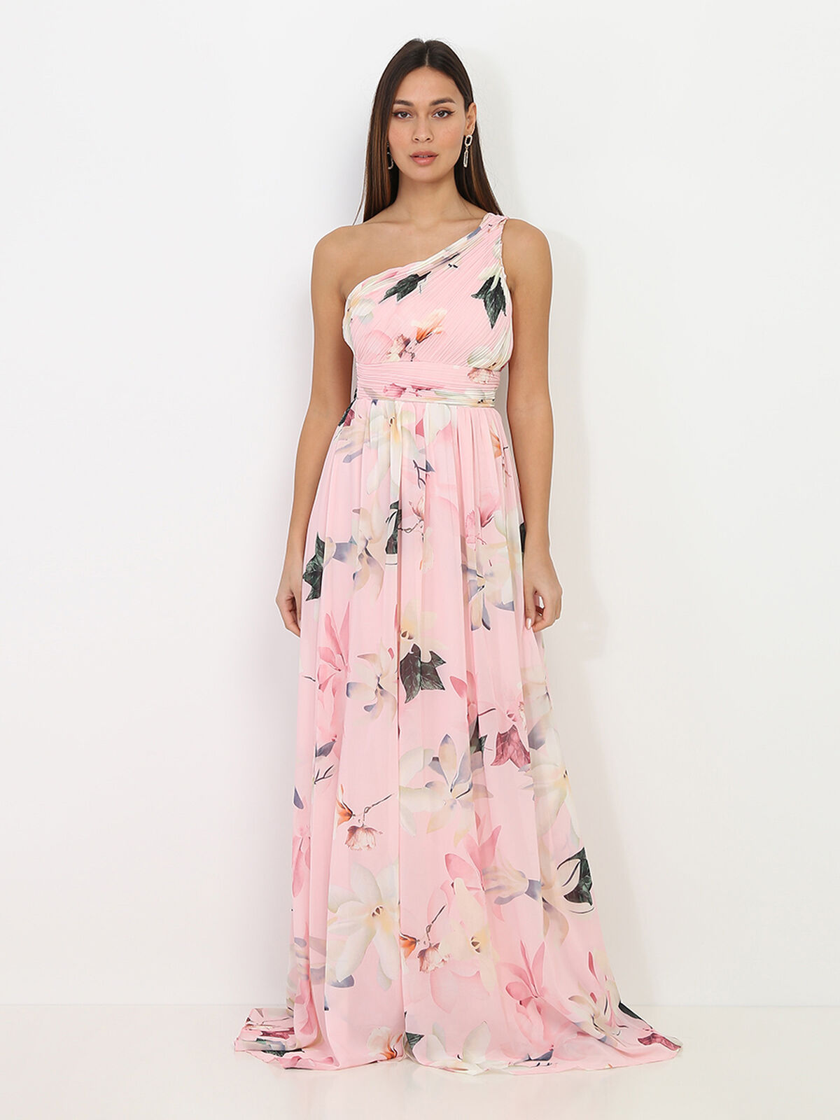 Robe longue asymétrique à fleurs de lys- Rose