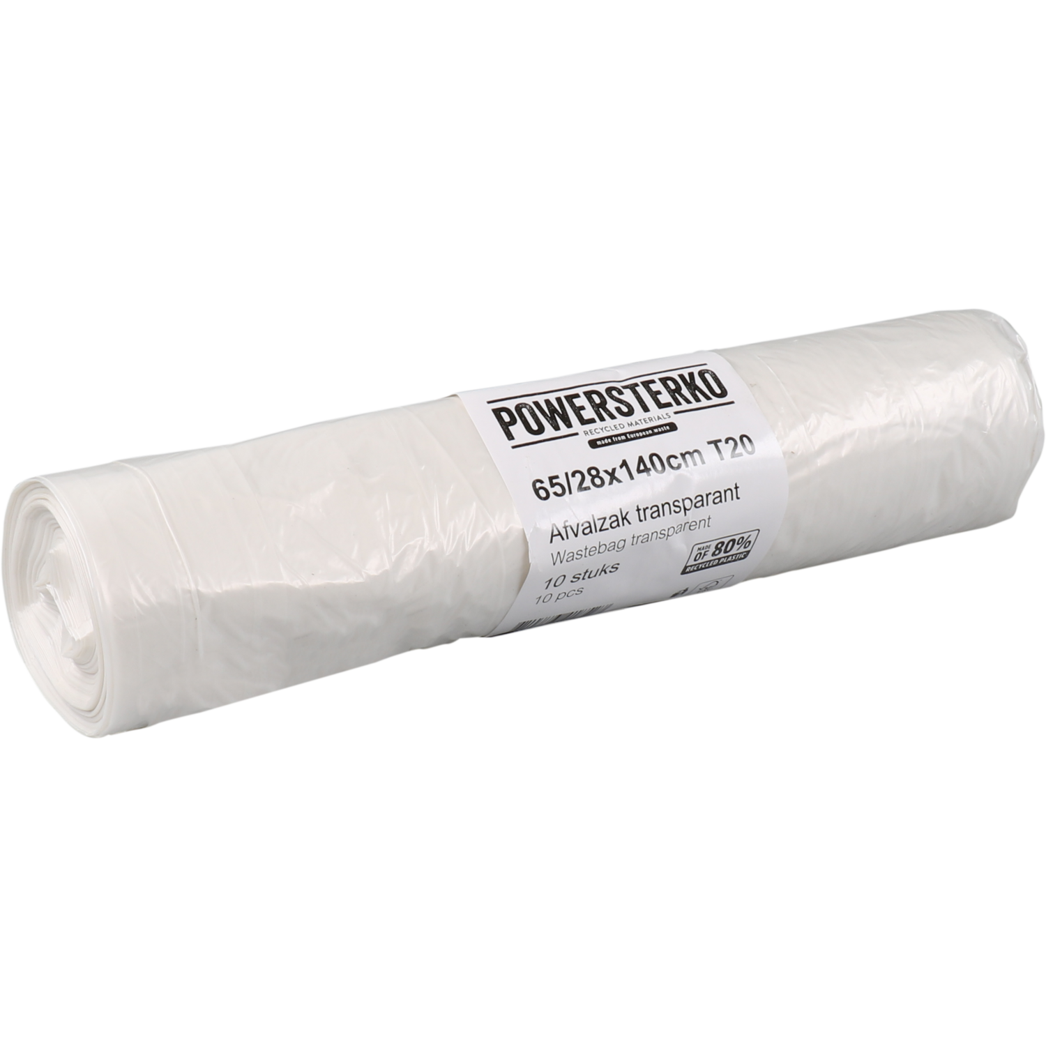 PowerSterko Afvalzak, Gerecycled LDPE, 65/ 28x140cm, T20, transparant