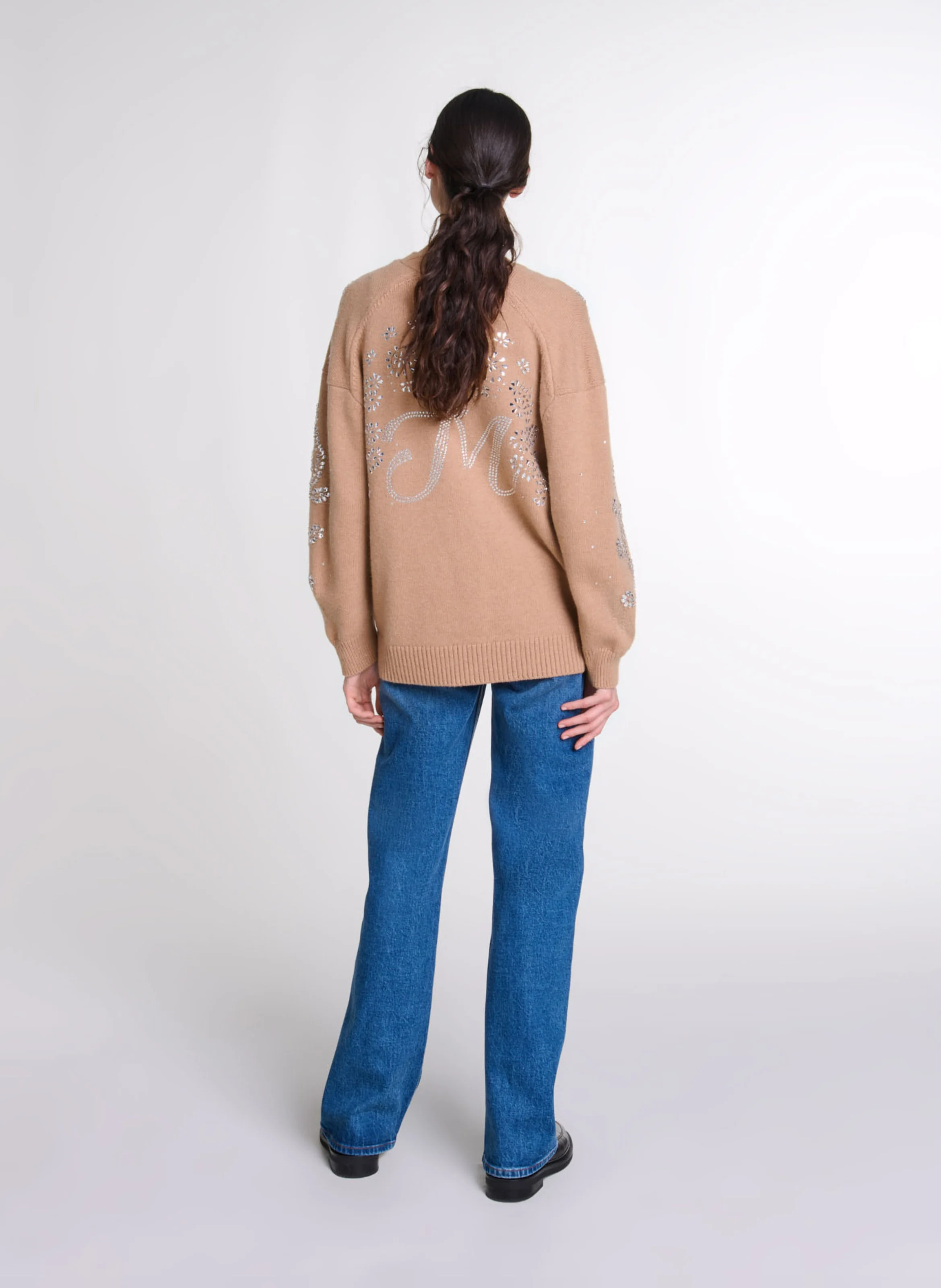 Cardigan ample à strass fleurs | Beige