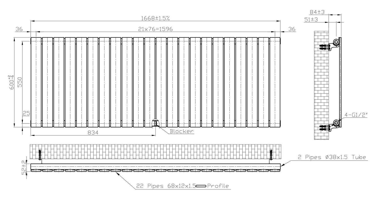 Eastbrook Warrington paneelradiator type 10 165x60cm 1455W zwart mat