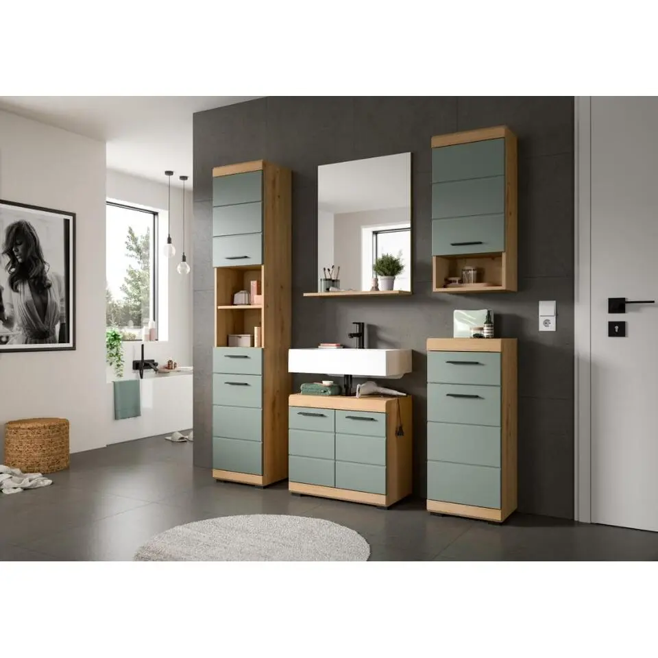 Hioshop Scout wastafel 2 deuren- 2 lades salvie decor- eiken decor