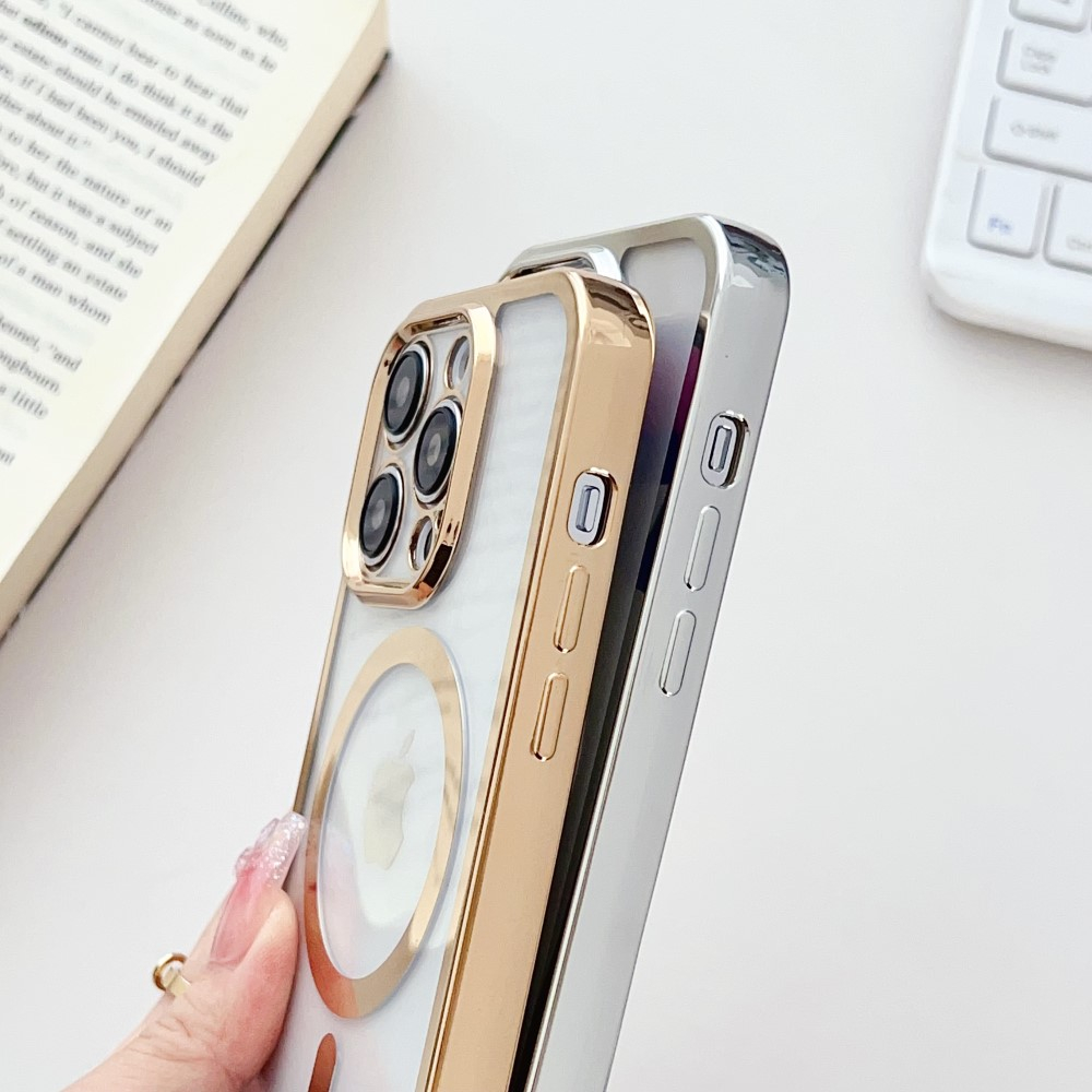 iPhone 14 Pro Max MagSafe Necklace Gummi Case Hülle Galvanisierter Rahmen mit Handykette (160cm)   Kameraschutz - Silber / Transparent