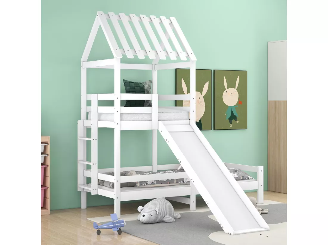 Lits superposés cabane 90x200cm et 90x100cm avec toboggan - Pin certifié FSC - Blanc