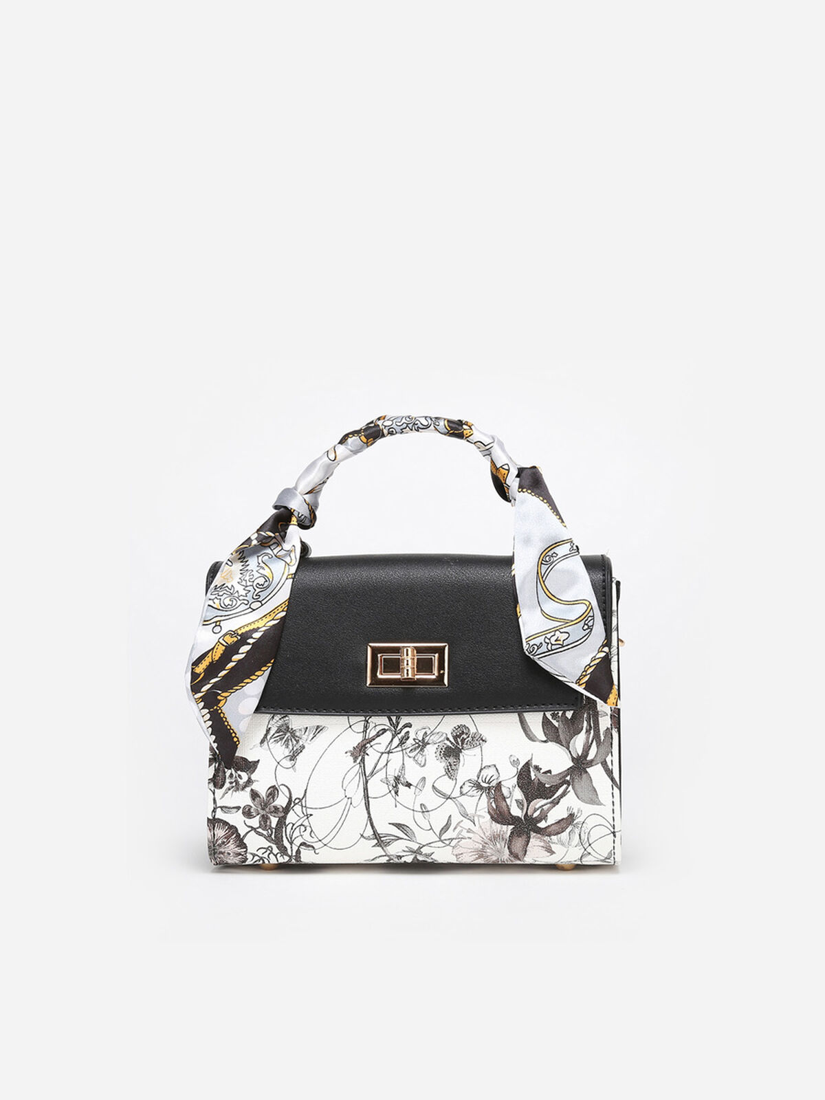 Sac à main à imprimé floral et foulard amovible- Noir