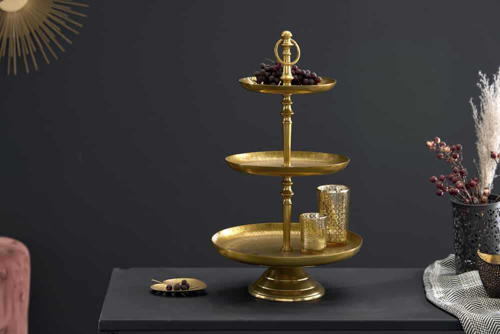 Design Etagere ORIENT 50cm gold im Wild Hammerschlag mit drei Etagen