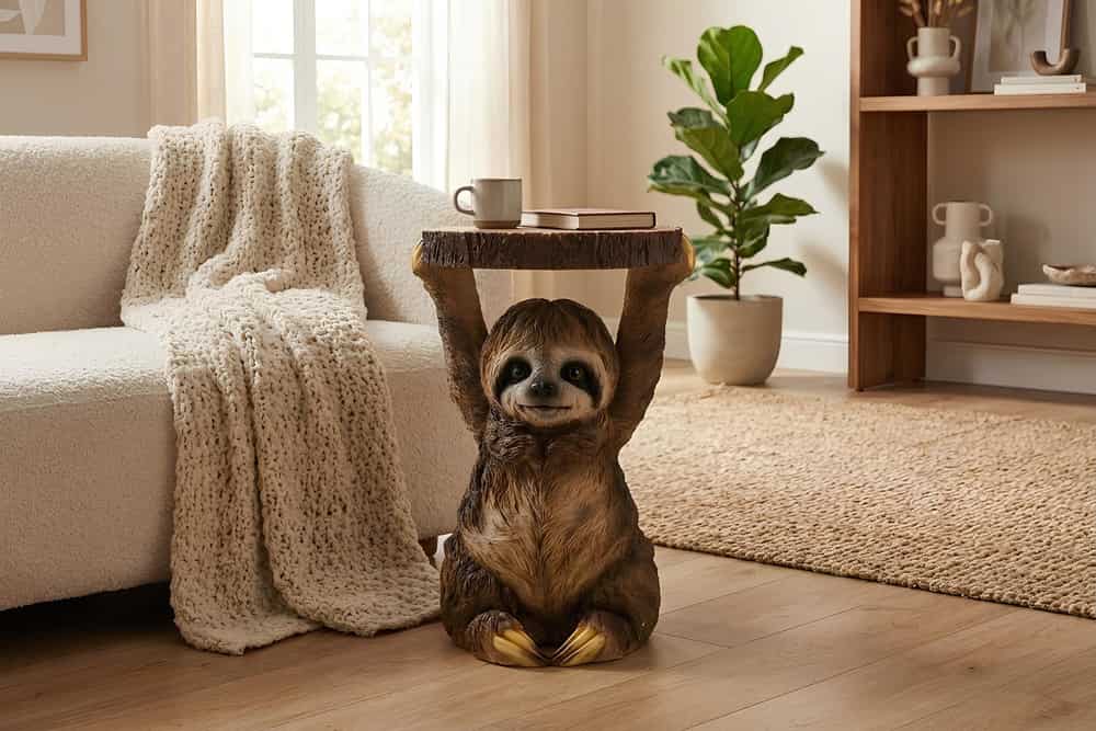 Runder Beistelltisch SLOTH 50cm grau braun Faultier-Skulptur handmade