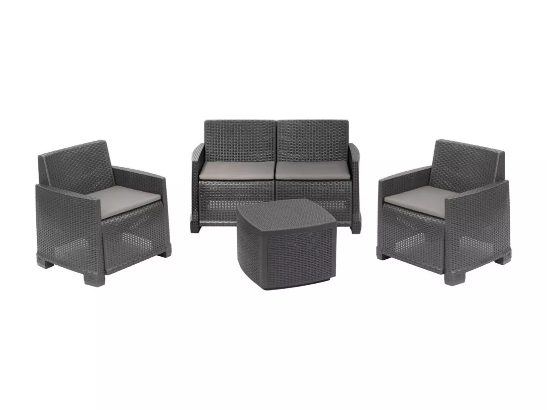 Ensemble de salon d'extérieur Dbalestrer, Composition de jardin avec 2 fauteuils, 1 canapé et 1 table de rangement, Effet rotin avec coussins, 100% Made in Italy, Anthracite