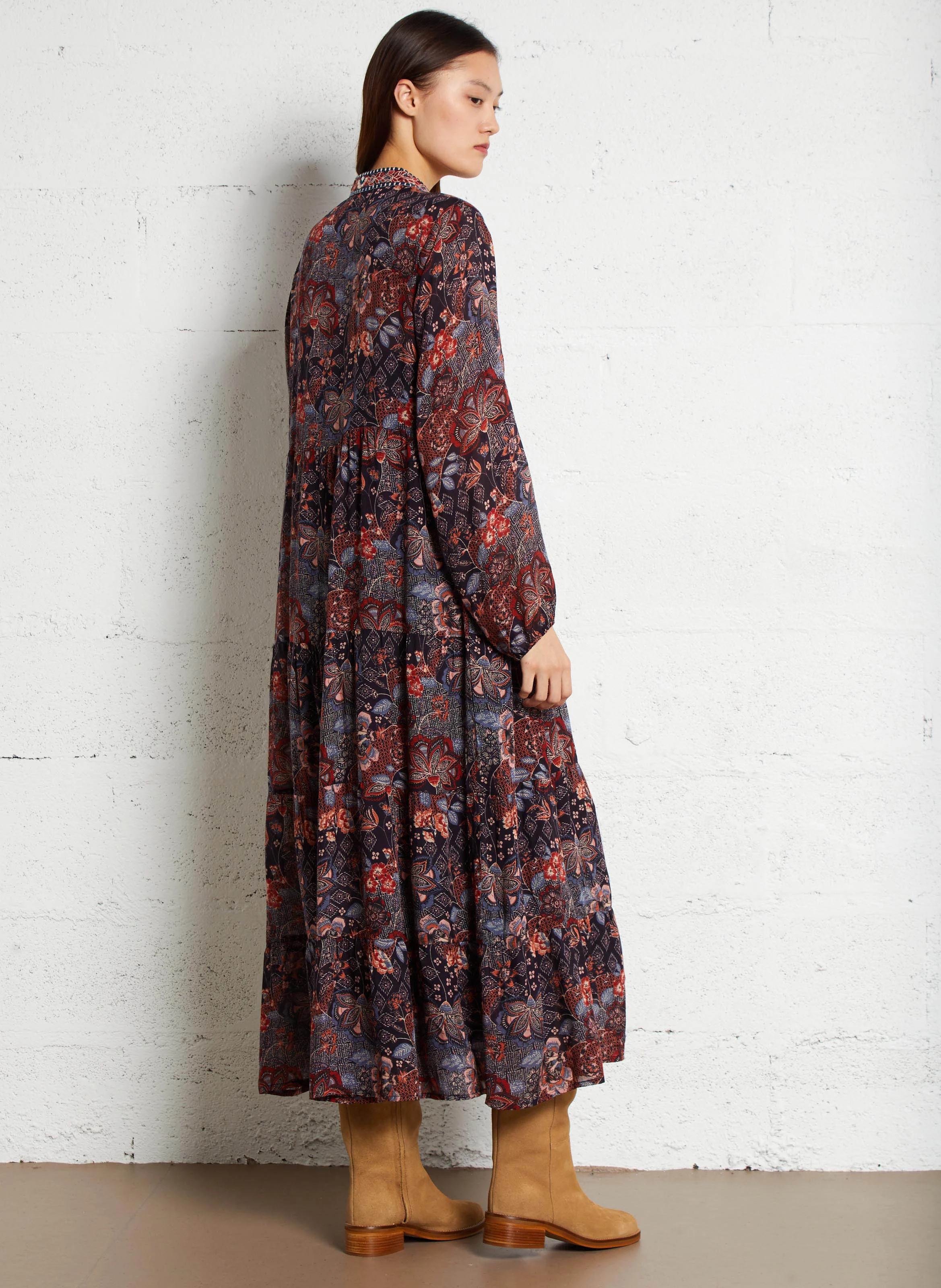 JAWAIAN SUNSET ADRIANA - Robe longue col tunisien imprimée | Bleu