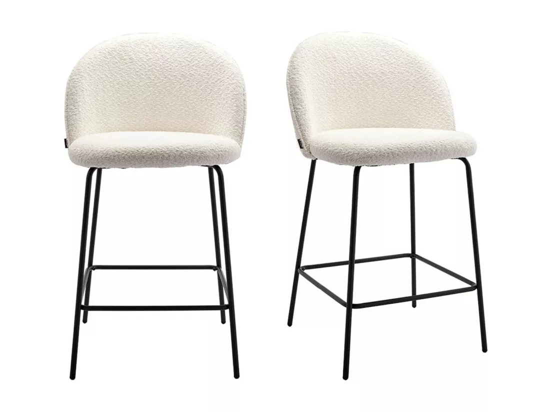 Lot de 2 tabourets de bar en tissu bouclette écru, piètement noir - Alta