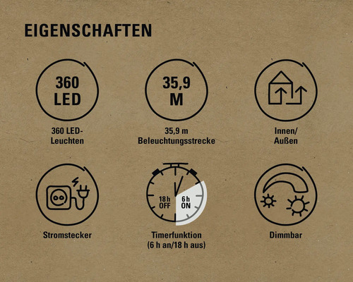 Lafiora LED-lichtsnoer, 35,9 m + 10 m aansluitdraad, 360 LED's, warm wit licht