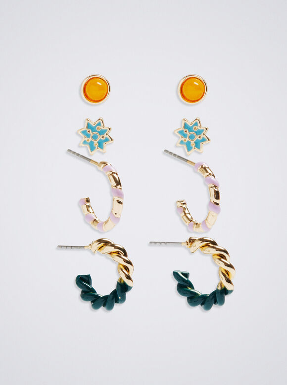 Conjunto de brincos com pedra - Multicolorido