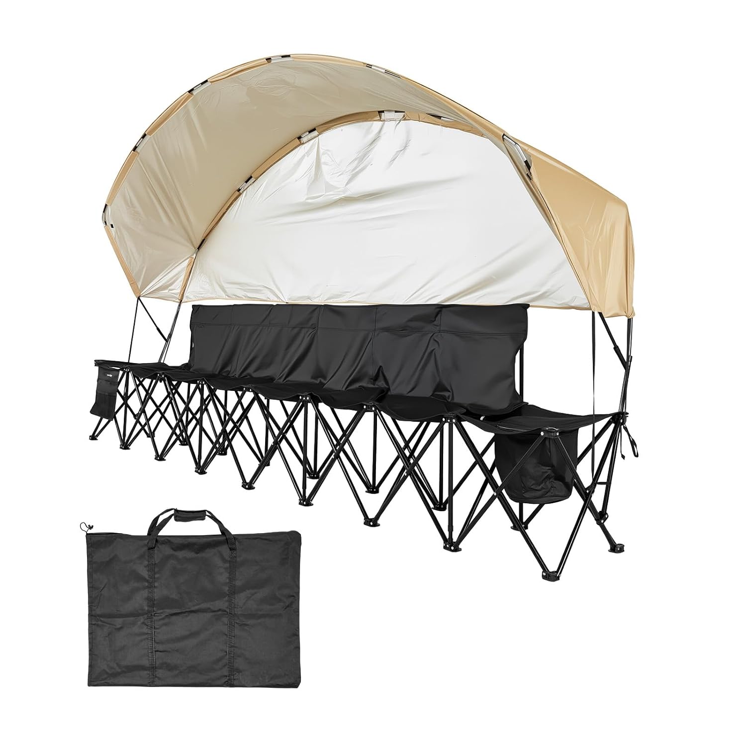 VEVOR tragbare Mannschaftsbank Sitzbank Campingbank (6 Personen) mit Seitentaschen & Tragetasche & Sonnenschutzdach, Klappbank mit Rückenlehne, Seitenbank für Fußball Baseball Outdoor Schwarz